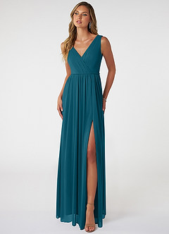 Azazie Tanicia Brautjungfernkleider A-Linie V-Hals Gefaltet Gittergewebe Kleid Tintenblau image1