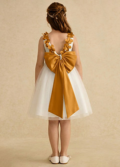 Azazie Lona Abiti da Ragazza di Fiori Abito A-Line in Raso Opaco Fiocco Avorio Caramello image2