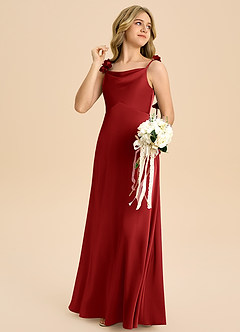 Azazie Gumdrop Junior 엠파이어 주름진 스트레치 새틴 플로어 길이 주니어 신부 들러리 드레스 image4