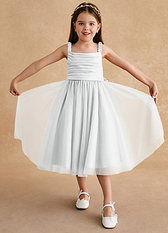 Azazie Gabbie Flower Girl Dresses Diamond White A-Line Pleated Matte Satin Dress image3