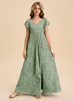 Azazie Omari Junior Dusty Sage A-Line Pleated Floral Burnout Dress image3