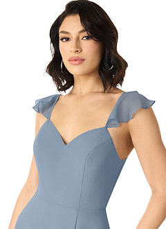 Azazie Everett Robes de demoiselle d'honneur Robe Trapèze en Mousseline de soie Col V froncé Bleu Poussiéreux image4