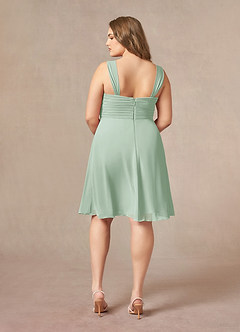 Azazie Olivia At-home Try On Dresses Agave A-Line Square Neckline Pleated Chiffon Dress image11