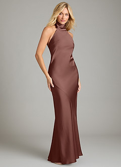 Azazie Velli Vestidos de damas de honor Vestido de Expresado de Satén Elástico de Corte Sirena con Cuello Alto image4