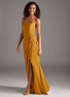 Azazie Deandra Bridesmaid Dresses Butterscotch Mermaid Pleated Stretch Satin Dress image4