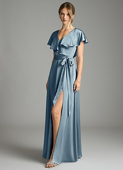 Azazie Lainey Bridesmaid Dresses Dusty Blue A-Line with Pockets Stretch Satin Dress image1