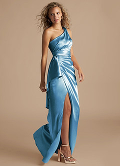 Azazie Maive Bridesmaid Dresses Steel Blue Sheath Ruched Metallic Satin Dress image5