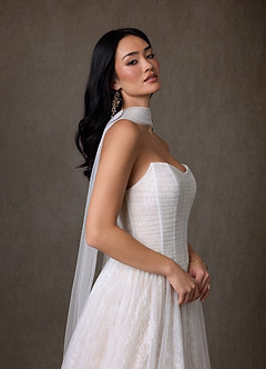 Azazie Adriana At-home Try On Dresses Diamond White Champagne A-Line Strapless Lace Dress image7