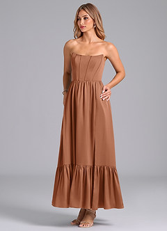 Azazie Leilana Robes de demoiselle d'honneur Robe Trapèze en Satin extensible Corset Bronze image5