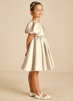 Azazie Muffin Flower Girl Dresses Champagne A-Line with Sleeves Matte Satin Dress image3