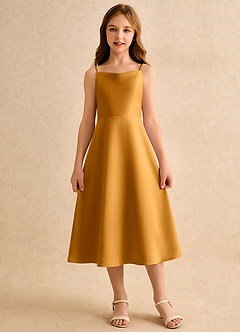 Azazie Jaella Girls Formal Blomsterpigekjoler A-Line Plisseret Mat satin Te-længde Kjole image3
