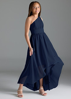 Azazie Mathilda Junior Robe Trapèze en Mousseline de soie Plissée Bleu Marine Foncé image3