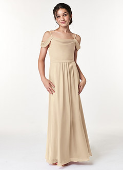 Azazie Alivia Junior Champagne A-Line Off the Shoulder Chiffon Dress image4