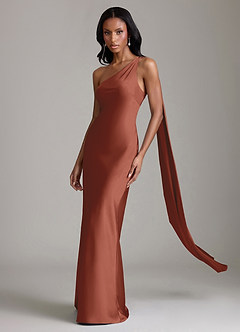 Azazie Galinda Suknie dla druhen Syrena Jedno ramię Satyna elastyczna Do ziemi Sukienka image1