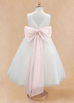 Azazie Kavi Blumenmädchenkleider A-Linie Schleifen Matte Satin Kleid Elfenbein Zartrosa image8