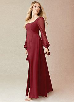 Azazie Leonia Bridesmaid Dresses Pomegranate A-Line Long Sleeve Chiffon Dress image4