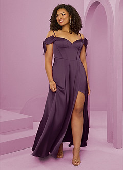 Barbie ♥ Azazie Bridesmaid Dresses Plum A-Line Off the Shoulder Stretch Satin Dress image3