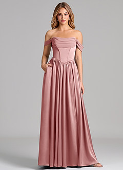 Azazie Raisa Bridesmaid Dresses Dusty Rose A-Line Off the Shoulder Stretch Satin Dress image1