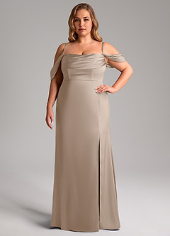 Azazie Saige Bridesmaid Dresses Taupe Sheath Off the Shoulder Stretch Satin Dress image16