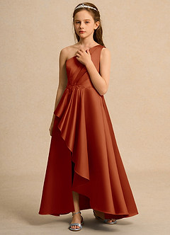 Azazie Taffy Junior Formal Jurken voor bloemenmeisjes A-Lijn Jurk van Mat Satijn Kant Paprika image5