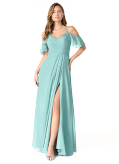 Azazie Dakota Bridesmaid Dresses Aqua A-Line V-Neck Pleated Chiffon Dress image1