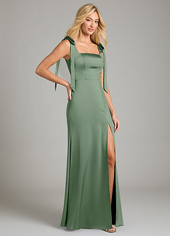 Azazie Frostine Bridesmaid Dresses Matcha A-Line Bow Stretch Satin Dress image5