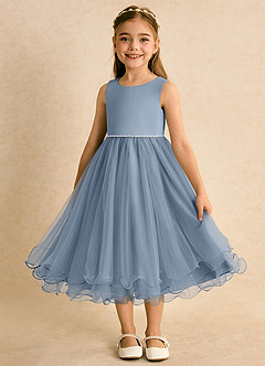 Azazie Lass vestidos de niña de las flores Vestido de Azul Polvoriento de Tul de Corte En A con Lazo image5