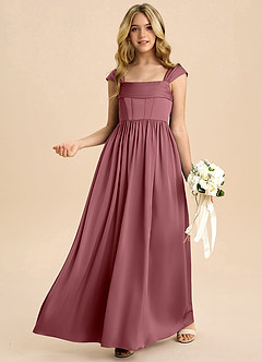 Azazie Hattie Junior Desert Rose A-Line Pleated Stretch Satin Dress image4