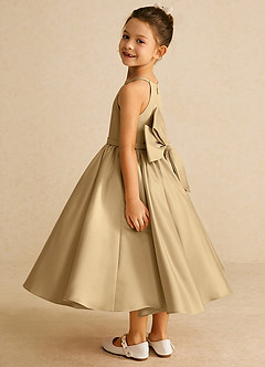 Azazie Sunray Flower Girl Dresses Gold A-Line Spaghetti Strap Matte Satin Dress image4