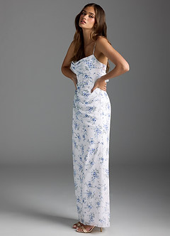 Azazie Mai Bridesmaid Dresses Blue Cottage Floral Sheath Pleated Chiffon Dress image3