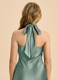 Azazie Chickie Junior Silver Sage Sheath Pleated Stretch Satin Dress image6