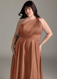Azazie Charlize Bridesmaid Dresses Bronzer A-Line One Shoulder Stretch Satin Dress image14