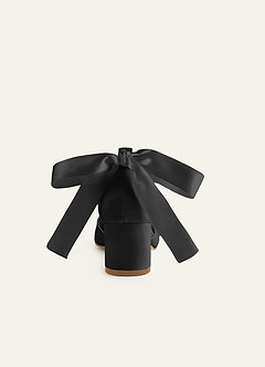 front Matching Color Matte Satin Pearl and Bow Pointed Toe Block Heels