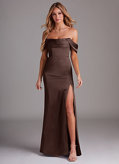 Azazie Saige Bridesmaid Dresses Ganache Sheath Off the Shoulder Stretch Satin Dress image3