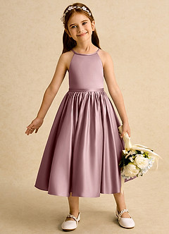 Azazie Indi vestidos de niña de las flores Vestido de Rosa Polvorienta de Satin Mate de Corte En A con Lazo image1