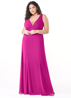 Azazie Christiana Vestidos de damas de honor Vestido de Fucsia de Gasa de Corte en A con Cuello en V plisado image7
