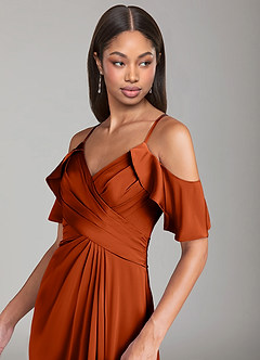Azazie Dakota Bridesmaid Dresses Paprika A-Line Off the Shoulder Stretch Satin Dress image5
