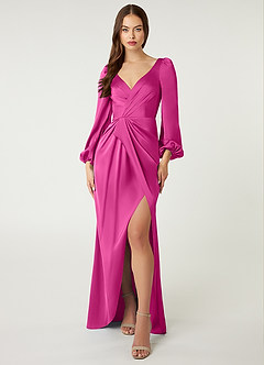 Azazie Mel Bridesmaid Dresses Fuchsia Sheath Long Sleeve Stretch Satin Dress image1