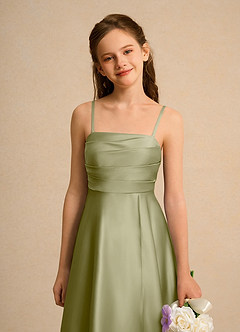 Azazie Pebbles Girls Formal Flower Girl Dresses Moss Green A-Line Pleated Matte Satin Dress image3