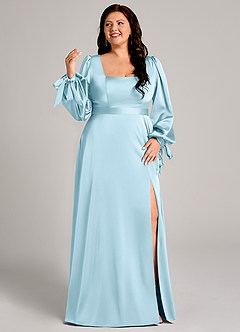 Azazie Leonia Vestidos de damas de honor Vestido de Azul Cielo de Satén Elástico de Corte en A con Manga larga image10