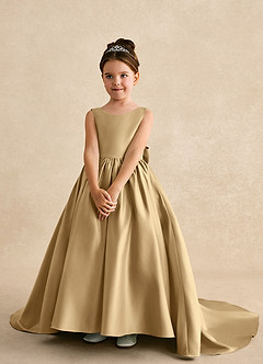 Azazie Mimia Flower Girl Dresses Gold A-Line Bow Matte Satin Dress image3