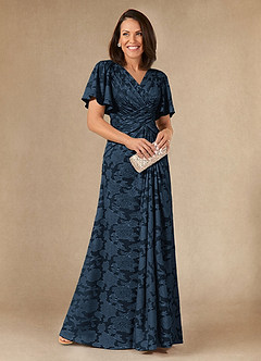 Azazie Emmeline Mother of the Bride Dresses Dark Navy A-Line Pleated Floral Burnout Dress image1