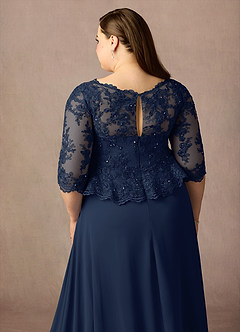 Azazie Averie Mère de la mariée Robes Robe Trapèze en Mousseline de soie Col bateau paillettes Bleu Marine Foncé image13
