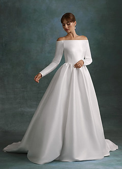 Azazie Cerese Wedding Dresses Diamond White Ball-Gown Off the Shoulder Mikado Dress image3