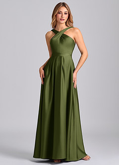 Azazie Dixie Brautjungfernkleider A-Linie Plissee Stretch-Satin Kleid Olivgrün image4