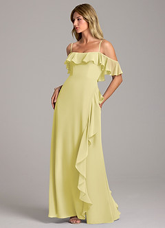 Azazie Aubrie Bridesmaid Dresses Lemon Sorbet A-Line Off the Shoulder Chiffon Dress image3