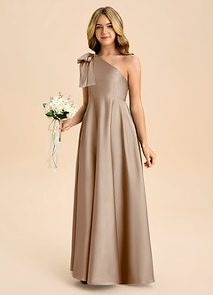 Azazie Penguin Junior Abito A-Line in Raso Elasticizzato Fiocco Taupe image5