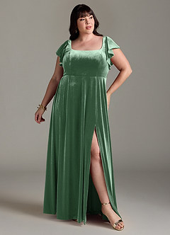 Azazie Bondi Bridesmaid Dresses Eucalyptus A-Line Side Slit Velvet Dress image7