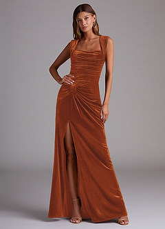 Azazie Genesis Bridesmaid Dresses Burnt Orange Sheath Pleated Velvet Dress image1