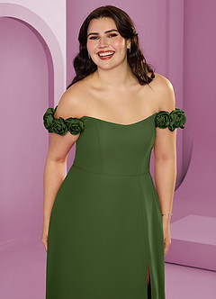 Barbie ♥ Azazie Suknie dla druhen Rozkloszowana szyfonowa sukienka z odkrytymi ramionami i kwiatowymi rozetkami image16